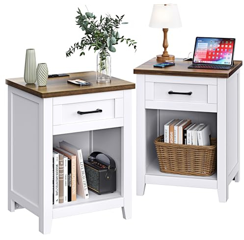 Decofy Farmhouse Nightstand with Charging Station & Large Storage, Set of 2 Modern End Tables with Outlets, USB Ports and Type-C Ports, Easy Assembly for Bedroom (Pure White + Walnut)