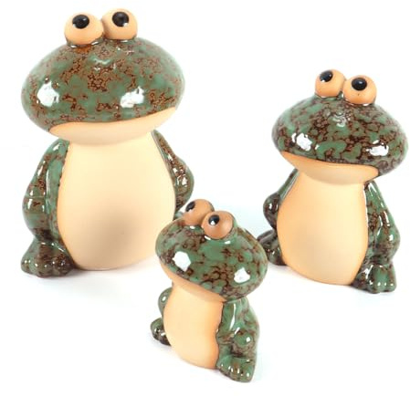Ticha Juego de 3 estatuas de cerámica para jardín, rana de jardín, divertidos y bonitos adornos de rana de cerámica para estanque, piscina, patio, porche, patio trasero