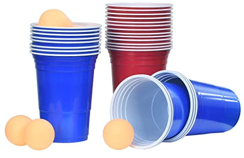 Ordellia Beer Pong Set de 0,5 l en plastique, 6 balles, 100 gobelets rouges et bleus, surface revêtue de mélamine, jeu à boire pour fête, anniversaire, festival, fête étudiante, intérieur et extérieur