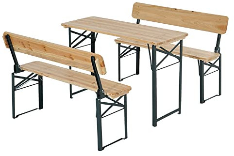 Outsunny Portable Folding Camping Picnic Trestle Beer Table and 2 Bench Set Wooden Garden Furniture Patio Dining Party BBQ Chairs Stools