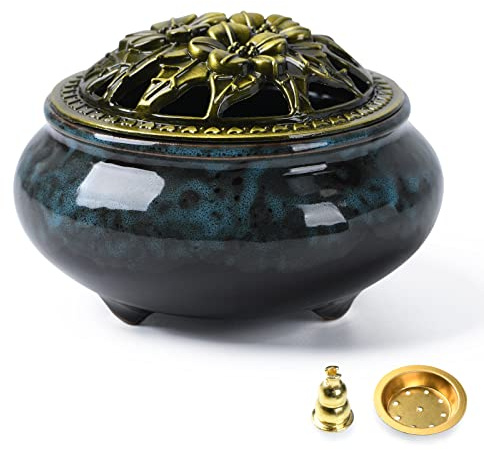 plainele Ceramic Incense Burner with Incense Holder+Spacer Layer+Fireproof Cotton,Handmade Smudging Burn Bowl for Stick or Coil Incense,Sage Cones and Frankincense (Dark Blue)