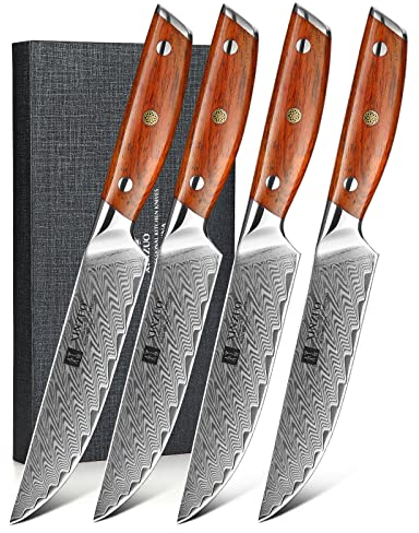 XINZUO Damascus Steel 4Pcs Steak Knife Set, 12.7cm Premium Dinner Knife Set Sharp Kitchen Table Knives -Straight Edge Blade -Triple Rivet -with Gift Box -Ergonomic Rosewood Handle-Yi Series