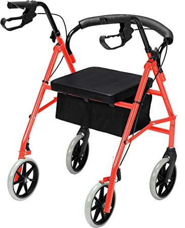 Bonnlo Rollator Walkers, All Terrain Walkers w/Extra Wide Padded Seat for Seniors Lightweight, Easy Folding Medical Walker with 8'' Wheels, Storage Pouch, Padded Backrest, Supports up to 300 lbs, Red