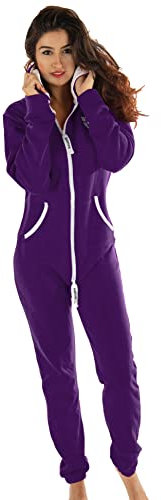 Gennadi Hoppe Damen Jumpsuit Hausanzug Overall Frauen Onesie Ganzkörperanzug Einteiler Baumwolle bequem kuschelig lässig sportlich trendy stylisch weich warm locker lila 3XL H8136