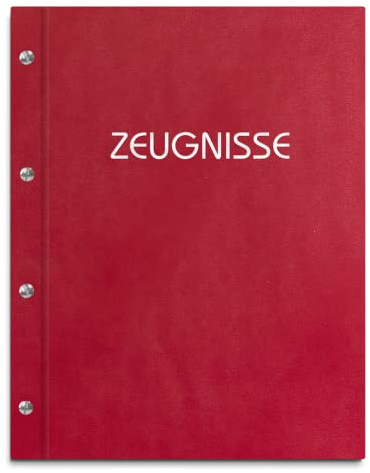Zeugnismappe im roten Einband in Lederoptik mit Prägedruck in verschiedenen Farben – handgefertigte Mappe inkl. 12 Sichthüllen