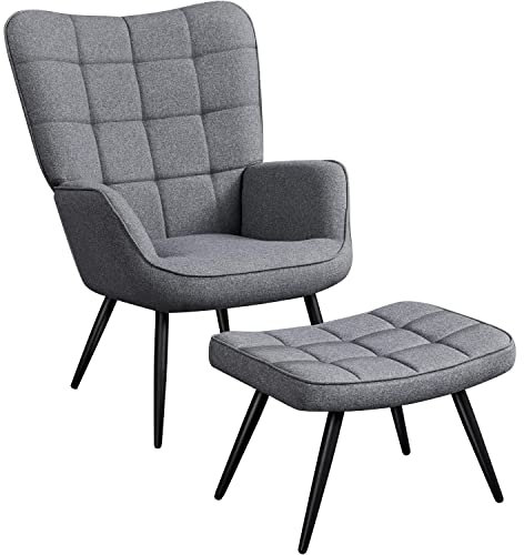 Yaheetech Armchair with ottoman Set, Modern Linen Fabric Accent chair with Footrest Oversized Tub Chair with High Back and Metal Legs for Living Room Bedroom, Gray