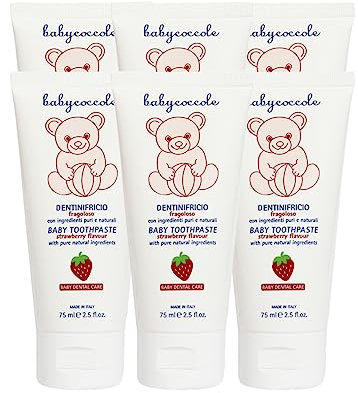 Babycoccole KIT 6 PEZZI DENTINIFRICIO FRAGOLOSO. Dentifricio Bambini 0-6 anni all'aroma naturale di Fragola. Rinforza i denti, previene le carie. Giusto apporto di fluoro, calcio e vitamine - 6x75ml