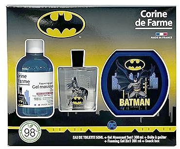 Corine de Farme Batman-set med Eau de Toilette 50 ml, bubbelbad 300 ml och smaklåda - present till pojkar - barnparfym doft mysk blommig - fruktig gel 3-i-1
