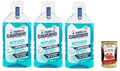 Pasta del Capitano Collutorio Antiplacca – Agua bucal antiplaca, higiene bucal 3 x 400 ml + Polpa italiana Gourmet 400 g