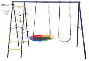 Warmiehomy Large Baby Swing Set Metal Toddler Swing Stand with 2 Swings, Basketball Hoop, Climbing Ladder and Net, Garden Swing Toys for Toddlers Kids Outdoor Play Equipment Birthday Gifts