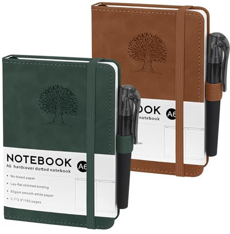 ZWQLZG Anteckningsbok A6, 2 stycken A6 Anteckningsböcker, 80 g/m² papper 14,5x9,9 cm, 192 sidor tomt anteckningsblock med gummidrage, vässade anteckningsböcker i PU-läder för skola, arbete och möten