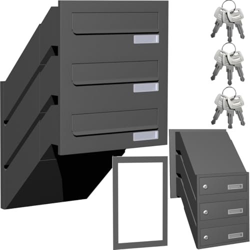 3er Dreifach Mauerdurchwurf Briefkasten für Mehrfamilienhaus oder Büro - Briefkastenanlage zum Einmauern für 3 Familienhaus 3fach mit Namensschild Anthrazitgrau RAL 7016 Einbaubriefkasten