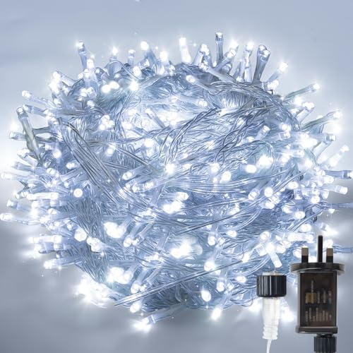 SINWE Guirnalda de luces LED para uso en interiores y exteriores, color blanco cálido, funciona con enchufe, ideal para Navidad, fiestas, bodas. (Blanco, 30M/300)