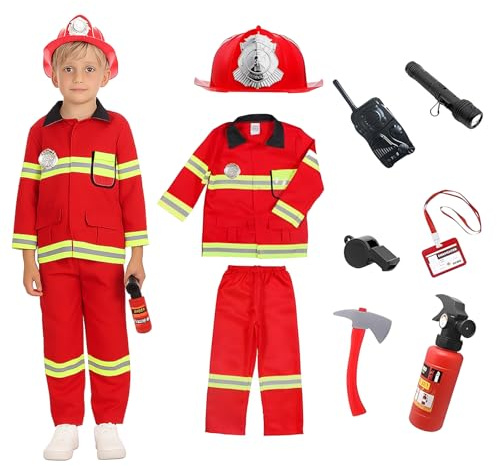 YushengTai Brandmansdräkt barn, brandkårskostym barn med brandsläckare, hjälm och brandtillbehör, karnevalskostymer barn pojke, cosplay för karneval, halloween