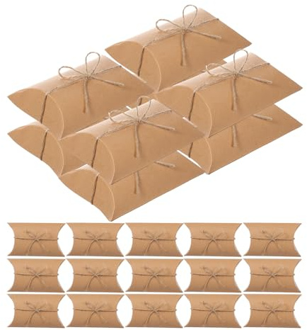 HOMOBABE Resistentes con Cordel Decorativo 50 Cajas de Almohada Kraft Marrón y Fáciles de Montar Ideales para Embalaje de Dulces en Bodas y Otras Ocasiones
