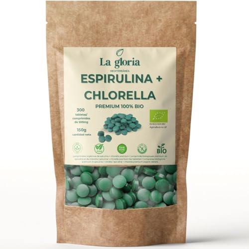Espirulina y Chlorella Bio 300 Comprimidos | 75 días | Microalgas Ecológicas Detox Naturales, Proteína Vegetal, Energía Natural, Vegano – La Gloria Mediterránea