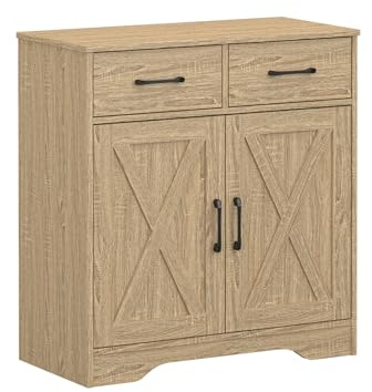 Panana Wooden Storage Cabinet Rustic Organizer for Living Room Kitchen Free-Standing 2 Doors 2 Drawers Hallway Farmhouse Style (Oak)