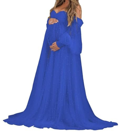 AHERKLL Långärmad pärla tyll rock moderskapsklänning för fotografering off-shoulder underkläder baby shower graviditetsklänning AH062, Kungsblå, 32 Plus