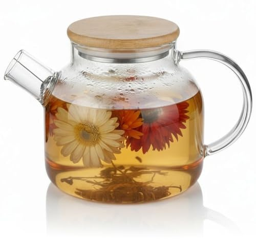 Arendo - Glas Teekanne mit Siebeinsatz – Bambusdeckel – Fassungsvermögen 1,4 Liter – hitzebeständig – mit Siebeinsatz für Blütentee – einfache Reinigung – für heiße und kalte Getränke