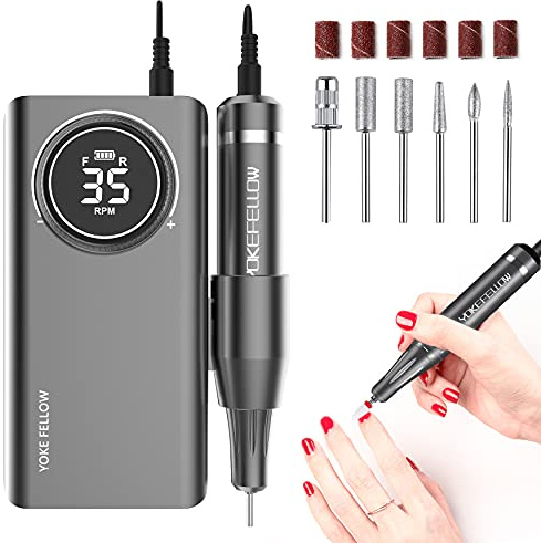 Yokefellow Professional Rechargeable 35000 RPM Nail Drill, Electric Nail Drills Machine for Acrylic Nail Natural Extension Poly Nail Gel, with 6 bits Portable Manicure Pedicure Drill Machine, Grey