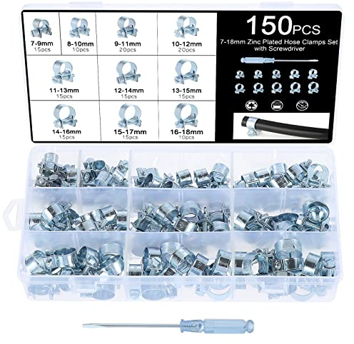 Faankiton 150 Pezzi Mini Fascette per Tubi di Iniezione di Carburante Zincate, 7-18mm Mini Iniezione Carburante Clip Tubo Zincato, Fascette per Tubi Regolabili con 1 Pezzo Cacciavite a Taglio