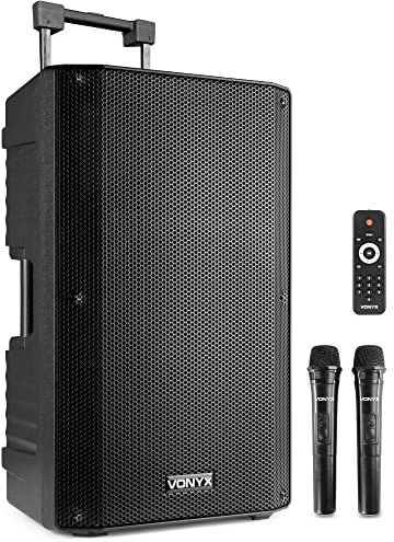 Vonyx VSA500 Partybox Bluetooth Lautsprecher groß mit Akku, 800W Mobile PA Anlage Komplettset, 2 drahtlose Mikrofone, Mobile Lautsprecher Box mit Mikrofon, Karaoke Anlage mit 2 Mikrofonen, Schwarz
