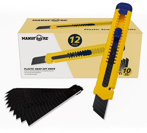 MANUFORE 12 tlg 18mm Cuttermesser Set, 60 Grad Gelbes Universalmesser mit 10 Schwarz SK5 Abbrechklingen, 18mm Cutter zum Schneiden von Pappe, Karton, Teppich, Seil, Stoffe, Folien und Anderen