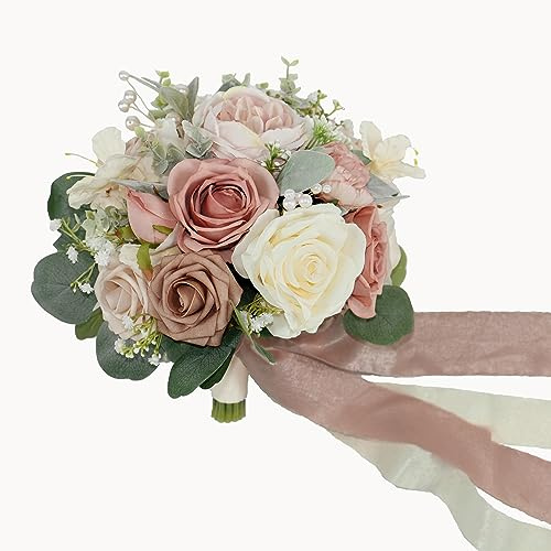 BENCENTRE 10 Inch Dusty Rose Bridal Bouquet,Wedding Bouquet, Bride Bouquets for Wedding Ceremony Anniversary, Party and French Rustic Vintage Wedding,Artificial Flowers