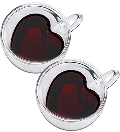 CNGLASS doppelwandige herzförmige Glas-Kaffeebecher Set 2x250ml, isolierte klare Teetassen mit Griff, einzigartige Glas-Espressobecher für Kaffee, Cappuccino, Latte, Milch