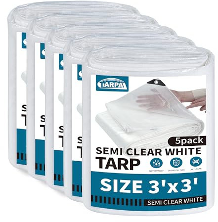 TARPAL 3'x3'(5pack) Semi Clear White Tarp Waterproof Green House Plastic Sheeting Cover with Grommets 7.5mil Polyethylene Film Greenhouse for Gardening, Farm, Garden, Chicken Coops，Outdoor
