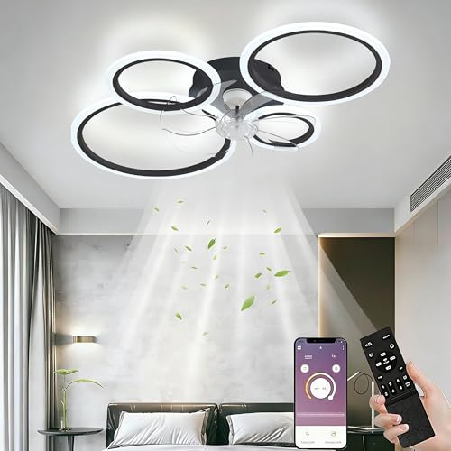 MiiR LED takfläkt med belysning, 85 cm lampa med fläkt och fjärrkontroll app, 60 W taklampa med fläkt, takfläkt med ljus, takfläkt för sovrum vardagsrum, svart