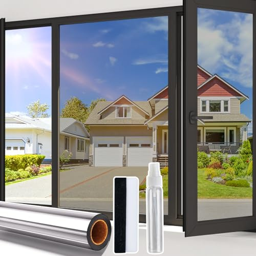 Beautysaid One Way Window Film Privacy Film for Glass Windows, Heat Control Reflective Mirror Window Tint Film Home, UV Sun Blocker Anti Glare Vinyl House Doors Cover with Tools, Silver, 90 x 400cm