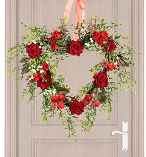 XIAOXIAOYU Ghirlanda per porta d'ingresso San, ghirlanda di fiori di San | Ghirlanda a forma di cuore rosa con fiori | Ghirlanda per porta artificiale con floreali da 15,74 pollici, ghirlande di