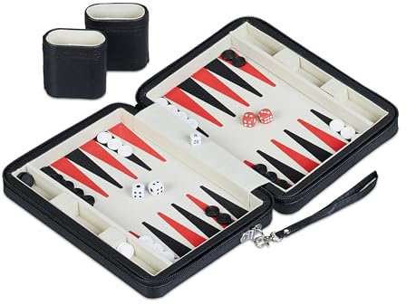 Relaxdays Backgammon, Reisespiel mit Tasche, inkl. Zubehör, HxBxT: 5,5 x 24 x 18 cm, Lederoptik, Brettspiel, schwarz