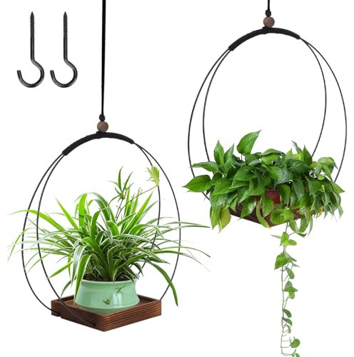 mumisuto 2 Stück Blumenampel Hängend Innen mit Stabil Holzsockel, Moderne Boho Hängetopf für Pflanzen, Zimmer Deko Aesthetic, Hängepflanzen Topf für Kleine bis Mittelgroße Pflanzen (Schwarz1)