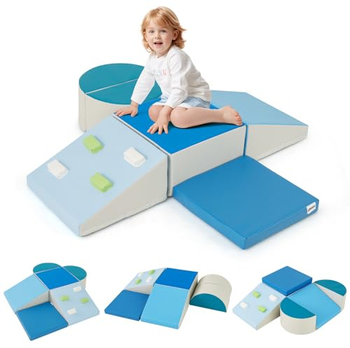 COSTWAY Set di 6 Blocchi di Schiuma per Arrampicata per Bambini, Blocchi in Schiuma per Arrampicarsi e Strisciare, Costruzione Mattoncini Morbidi per Bambini 12+ Mesi (Blu)