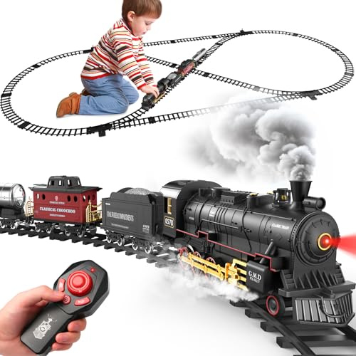 Hot Bee Alloy Electric Train Set for Kids, Remote Control Train for Kids, Christmas Train Set for Under Tree, Steam Train Toy with Track and Smoke, Model Train Sets for Adults and 3-12 Year Old Boys