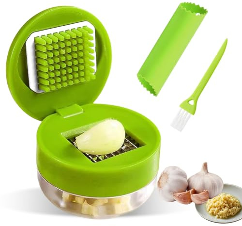 Juego de 2 cortadores de ajos, pelador de ajos de silicona y cepillo de limpieza, cuchillas de corte de acero inoxidable, para ajo, jengibre, frutas y frutos secos, apto para lavavajillas