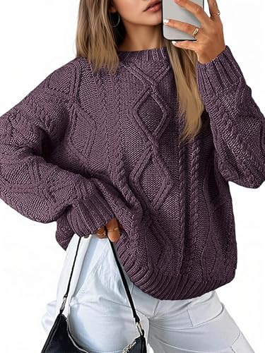 Saodimallsu Maglione da donna lavorato a maglia grossa, girocollo, maniche lunghe, tinta unita, elegante, lavorato a maglia, casual, largo, invernale, Viola, M