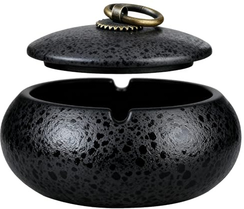 Posacenere da Tavolo Ceramica, Posacenere con Coperchio, Tavolo Antivento, Ashtray Ceramic, Design Retrò Nero, Adatto per Casa, Ufficio, Scrivania, Patio e Uso Esterno