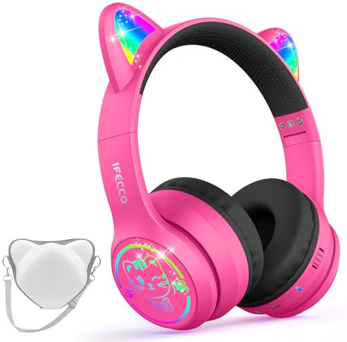 IFECCO Casque Audio Enfant avec Microphone Bluetooth 6.0 | Casque d'écoute à Lumière LED pour Chat avec étui Casque Bluetooth sans Fil Enfant pour Ecole Tablette Téléphone
