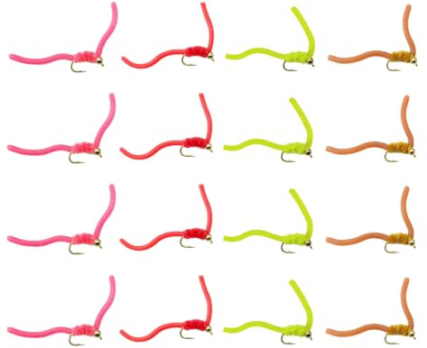 Squirmy Worm fiskefluga, set med 16 mjukt silikonbete för öring | S-kurva rörelse, kolfiberstålkrokar, sortiment av ljusa färger, förvaringslåda ingår, mjuk och motståndskraftig