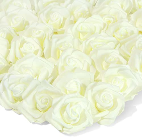 Künstliche Rosen ohne Stiele, Rosenköpfe, Kunstblumen, 7,6 x 3,2 x 7,6 cm, cremeweiß, Polyester, 100 Stück
