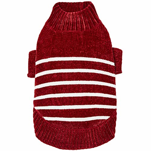 Blueberry Pet Cozy Soft Chenille Classy Striped Dog Sweater in Burgundy Red, Back Length 14, Pack of 1 Clothes for Dogs