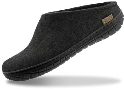 Glerups 100% quality wool mix Slipper with rubber sole - Unisex Slip-on - Charcoal (Black rubber)