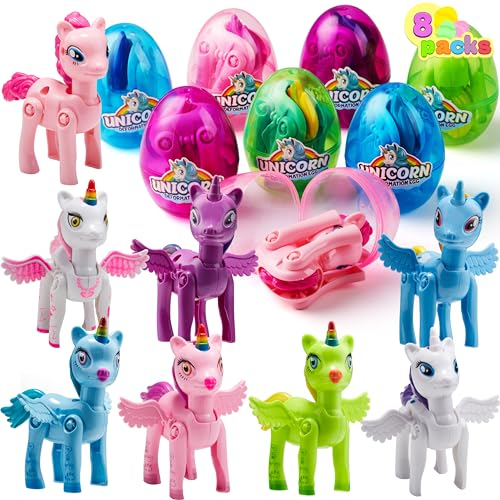 JOYIN 8 Pack gefüllte Jumbo Ostereier mit Deformations Einhorn Pony Spielzeug, 8.89cm gefüllte Eier für die Ostereiersuche Osterkörbe Stuffer Klassenzimmerpreise