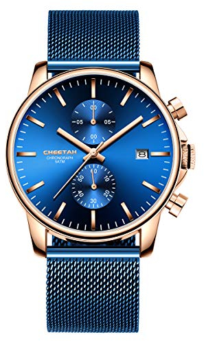 Montres pour Homme Mode Sport Quartz Analogique Noir Maille Acier Inoxydable Étanche Chronographe Montre-Bracelet Auto Date en - Or Rose Bleu