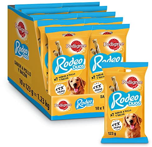 Pedigree Rodeo Duos Snack en Tiras para Perros Sabor Pollo y Bacon (Pack de 10 x 123 g)