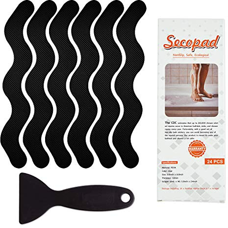 Secopad Adesivi antiscivolo, 24 pezzi, strisce di sicurezza per vasca da bagno, doccia, scale (Nero)