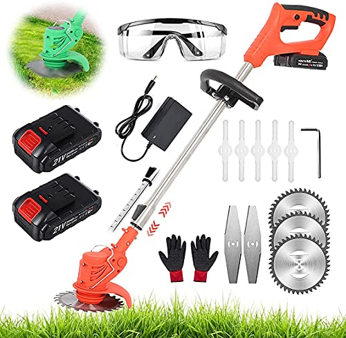 MeTikTok Brushcutter Cordless Grass Trimmer with 21V Lithium Battery And Charger, Electric Lawn Mower, Telescopic Handle, Light Lawn Scythe, Battery Pruner for Trimming Garden Lawn Bushes,Red